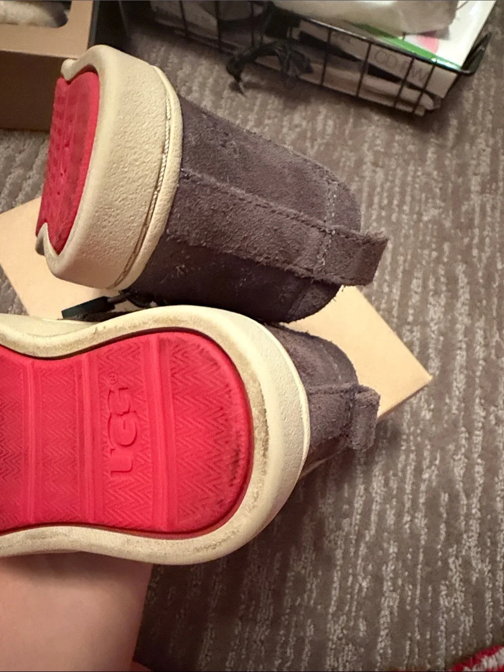 UGG Kids Brown Suede Boots with Red Interior